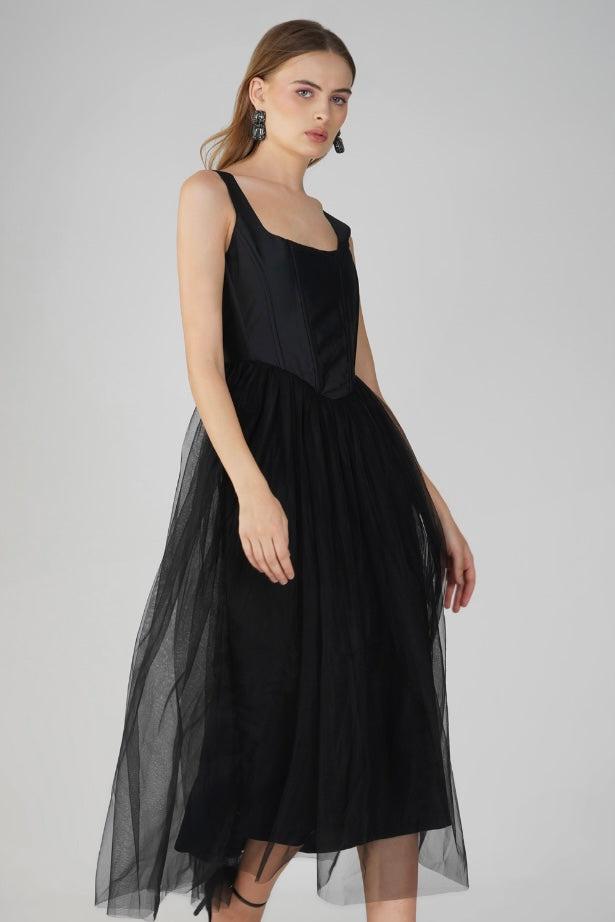 Gaela Mesh Midi Dress - Black Elegant Flowy Summer Dress for Women | Perfect for Beach Vacations, Date Nights & Cocktail Parties