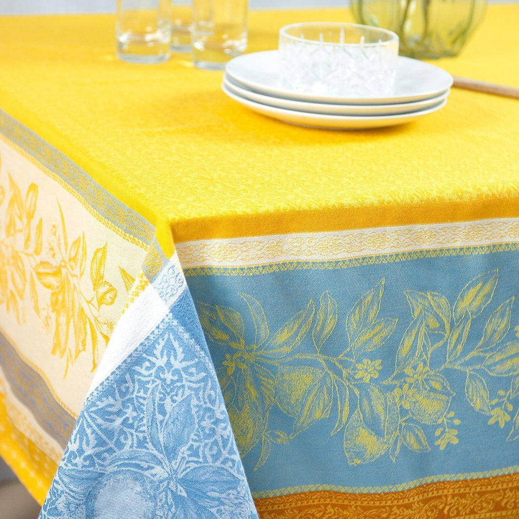 62x98 Inch Rectangular Cedrat Yellow & Blue French Cotton Jacquard Tablecloth by Tissus Toselli - Elegant Dining Table Cover for Dinner Parties & Home Decor