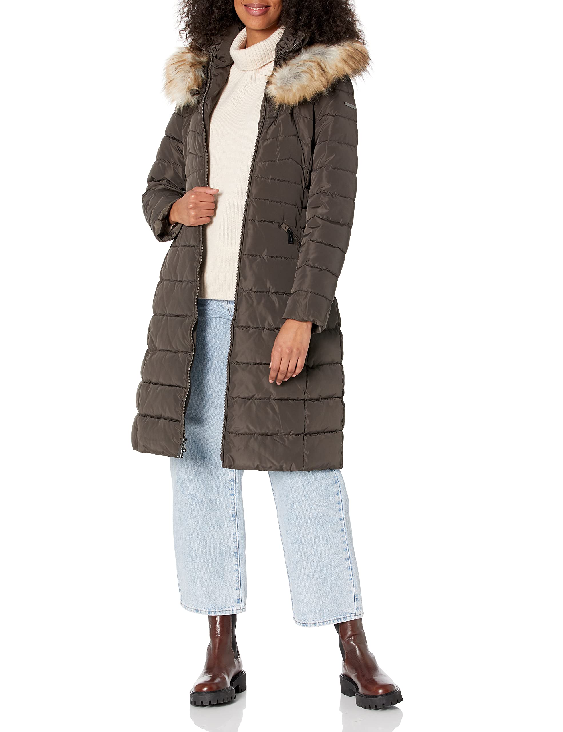LAUNDRY BY SHELLI SEGAL Women's Winter Maxi Puffer Coat with Faux Fur Trim Hood - Warm Long Down Jacket for Cold Weather, Snow, and Outdoor Activities