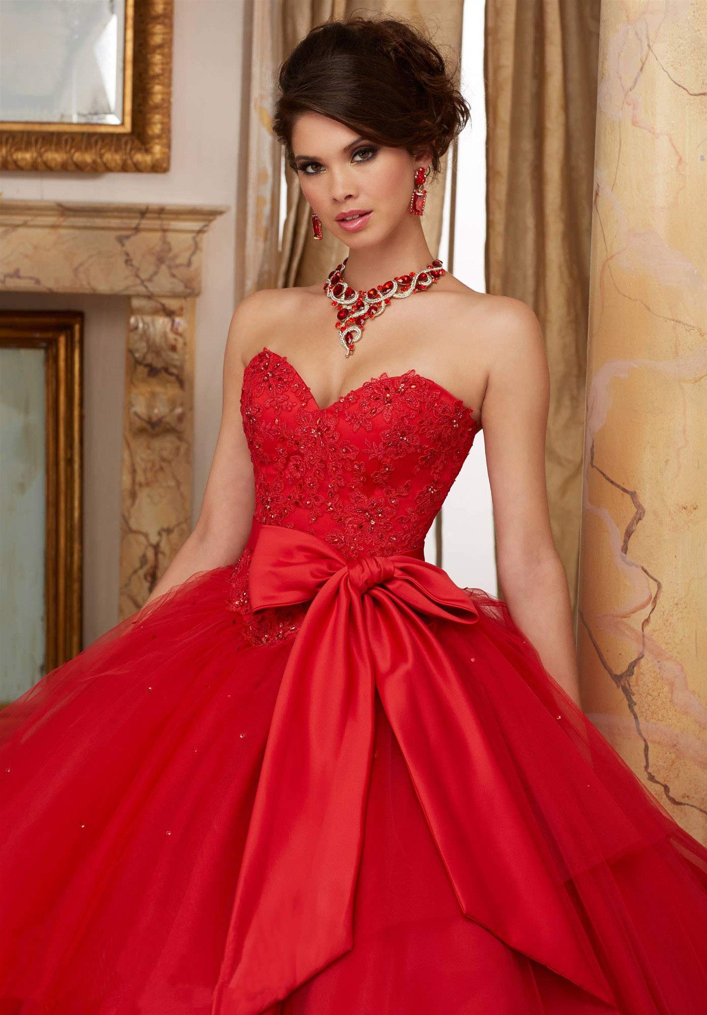 Emmani Women's Sweetheart Lace Applique Quinceañera Prom Dress - Beaded Sweet 15 Gown in Orange Red | Perfect for Quinceañera, Prom, Homecoming & Special Occasions