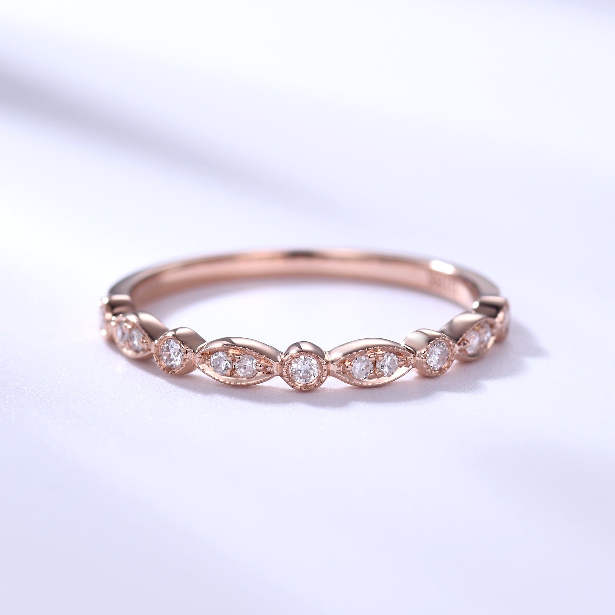 14k Rose Gold Antique Art Deco Diamond Wedding Ring for Women - Half Eternity Band with Milgrain Detailing - Perfect for Anniversaries, Engagements & Special Occasions
