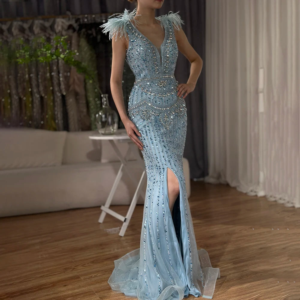 Elegant Dubai Arabic Blue Beaded Feather Mermaid Evening Gown for Women - Formal Occasion Long Dress LA72742 | Perfect for Weddings, Galas, and Red Carpet Events
