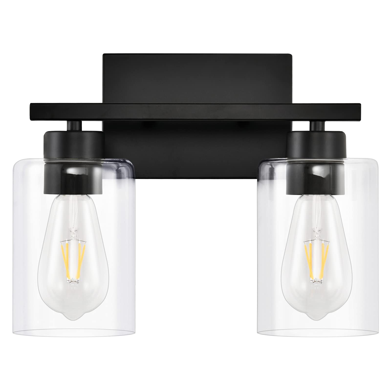 OUVR Black Farmhouse Bathroom Vanity Light Fixture - 2-Light Wall Sconce with Clear Glass Shades, Modern Mirror Lighting for Bathroom, Bedroom & Indoor Spaces - Perfect for Vanity, Dressing Area & Home Decor