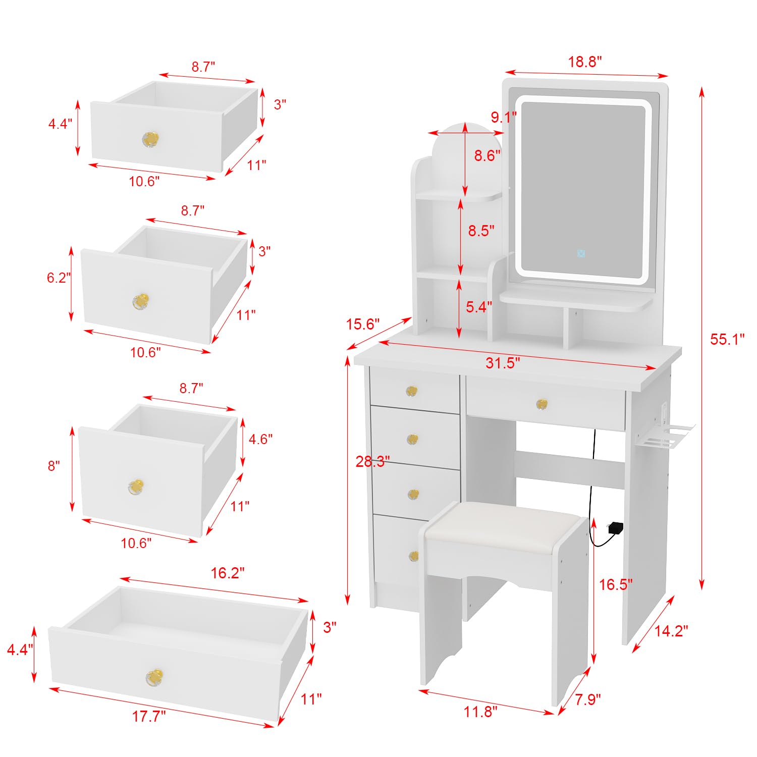 ECACAD Makeup Vanity Desk with LED Lighted Mirror, Power Outlet & Hair Dryer Holder - White Makeup Table with Adjustable Brightness (3 Lighting Modes), Storage & Chair - Perfect for Bedroom, Dressing Room & Beauty Salon