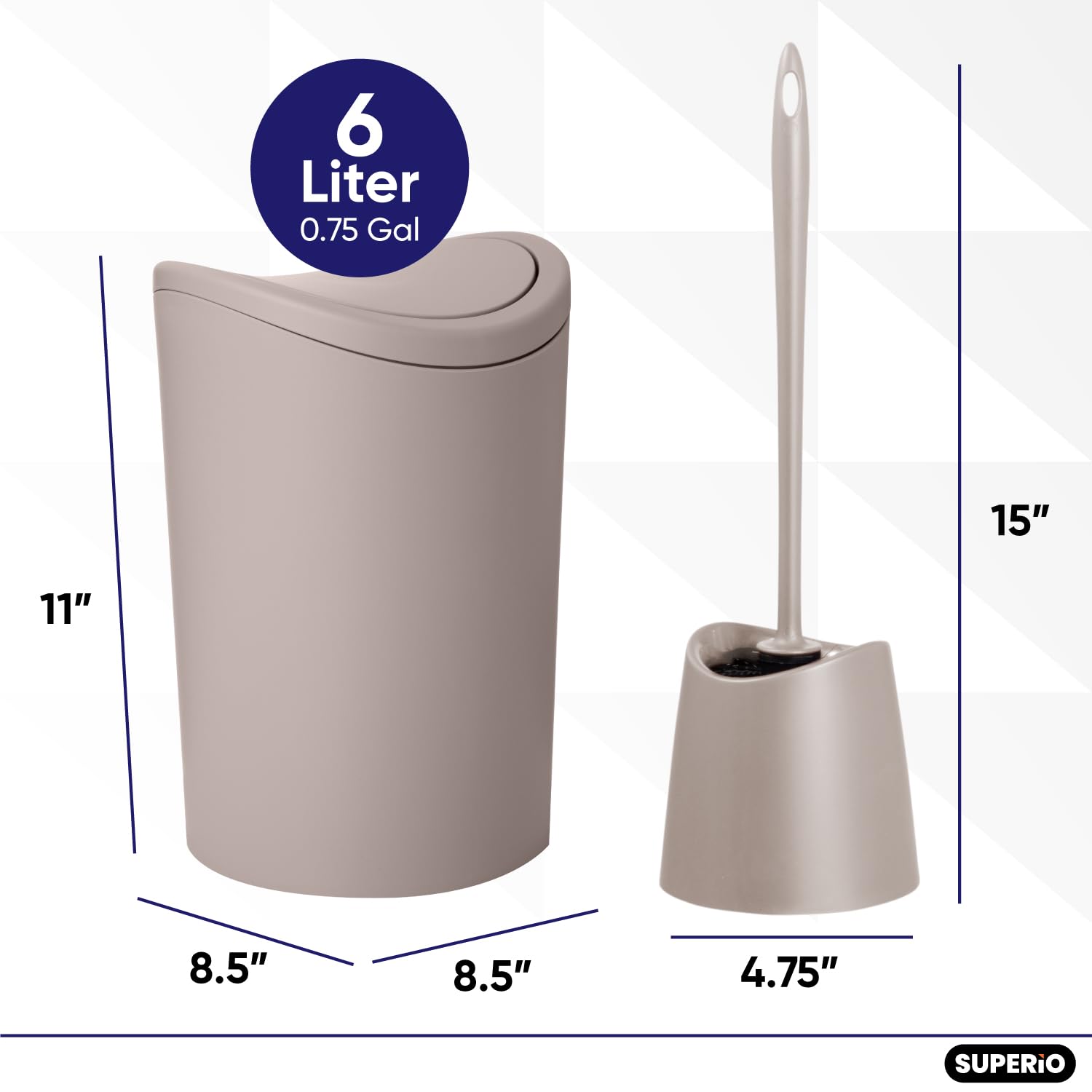 Premium 6L Modern Bathroom Trash Can with Swing Lid & Toilet Brush Set - Taupe Plastic Waste Basket & Bowl Cleaner | Bathroom Accessories for Home, Apartment & Office Use