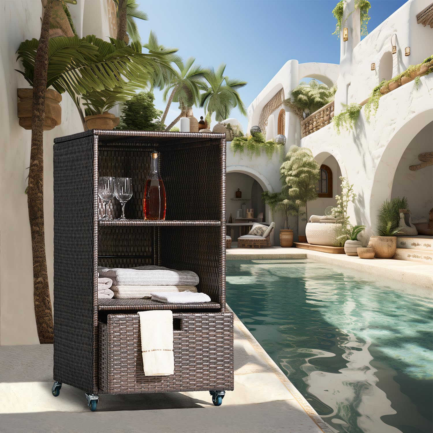 Outdoor Towel Rack for Pool - Waterproof Wicker Towel Storage Cabinet with Shelf, Drawer & Rolling Wheels - Espresso Poolside Towel Holder with Cover - Perfect for Hot Tub, Beach House & Backyard Patio