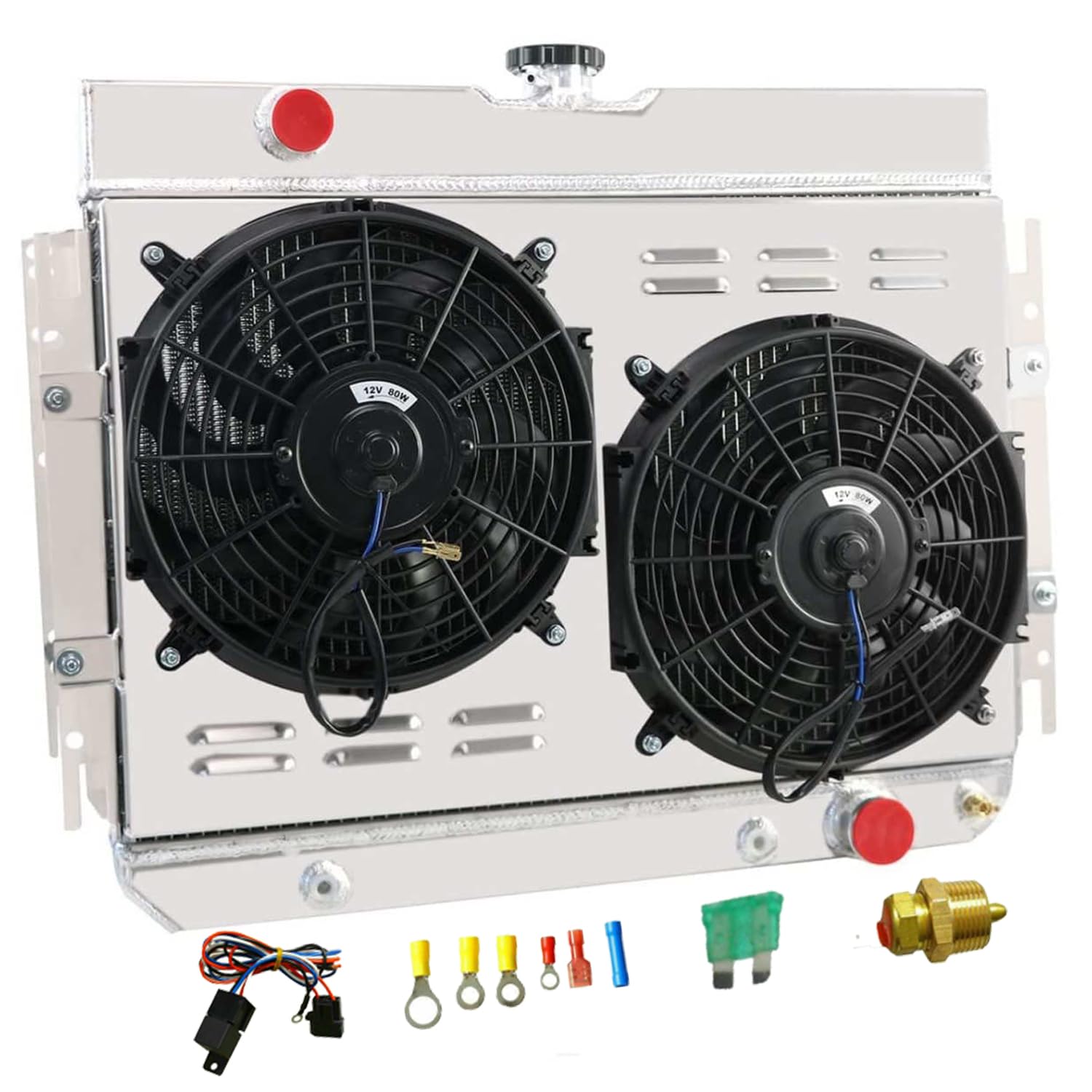 High-Performance 4 Row Aluminum Radiator for 1963-1968 Chevy Impala, Chevelle, Bel Air, Caprice & 64-67 El Camino - Compatible with L6 & V8 Engines - Includes Shroud, Fan & Relay Kits - Perfect for Classic Car Restoration & Hot Rod Upgrades