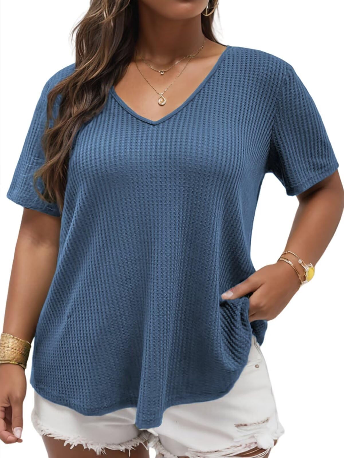 DOLNINE Plus Size Tops for Women - Summer Casual V Neck Short Sleeve T-Shirts, Waffle Knit Tunics for Work, Travel & Everyday Wear