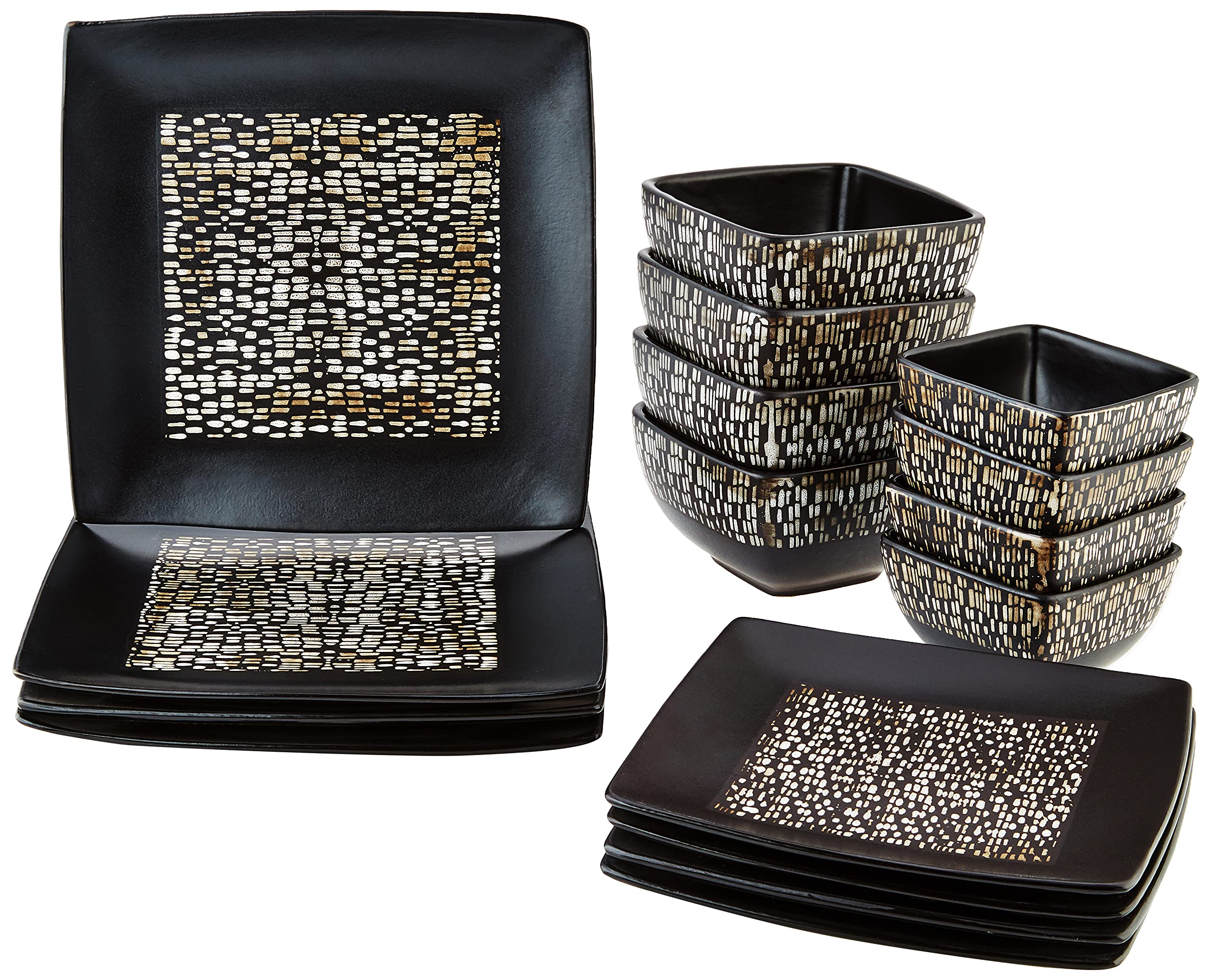 Elama 16-Piece Square Stoneware Dinnerware Set - Matte Black & Tan Tile Pattern - Durable Dish Set for Everyday Dining & Entertaining