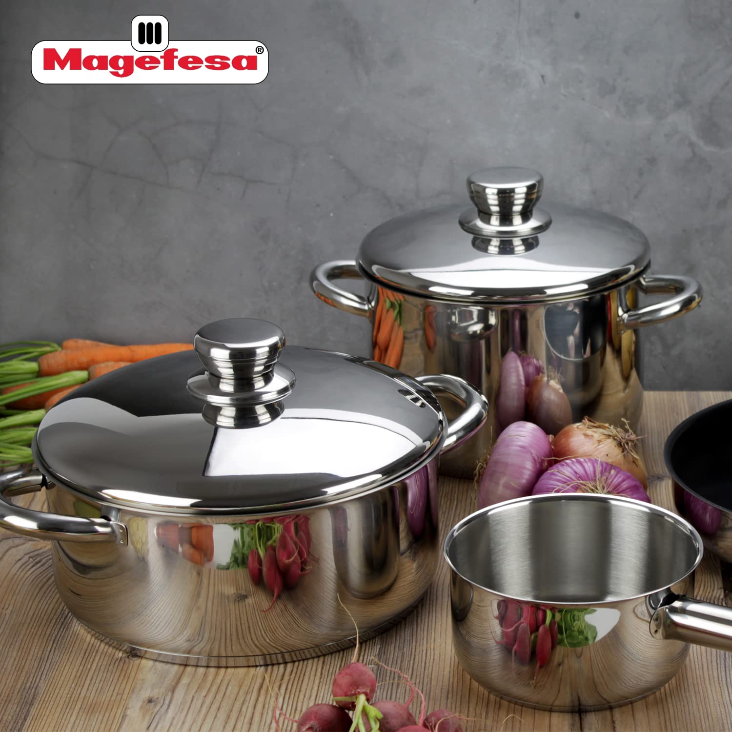MAGEFESA 6-Piece Stainless Steel Cookware Set for Couples - Includes Stockpot, Dutch Oven, Saucepan & Deep Fry Pan - Induction Compatible for All Stovetops - Easy Clean & Dishwasher Safe - Perfect for Family Cooking, Meal Prep & Entertaining