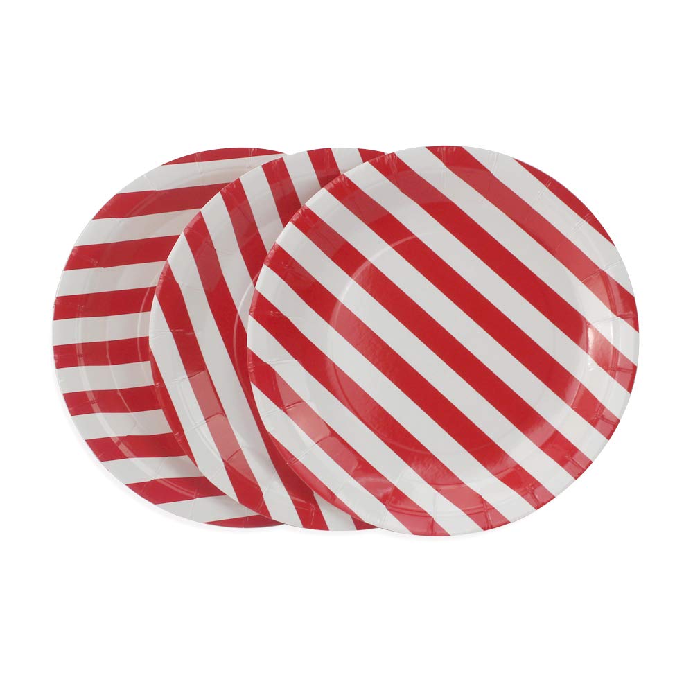 Eco-Friendly 9 Inch Red Stripe Paper Plates - 36 Pack Biodegradable Round Disposable Plates for Party, Birthday, Wedding, Picnic | Perfect for Cakes, Desserts, Snacks & Fruits Serving