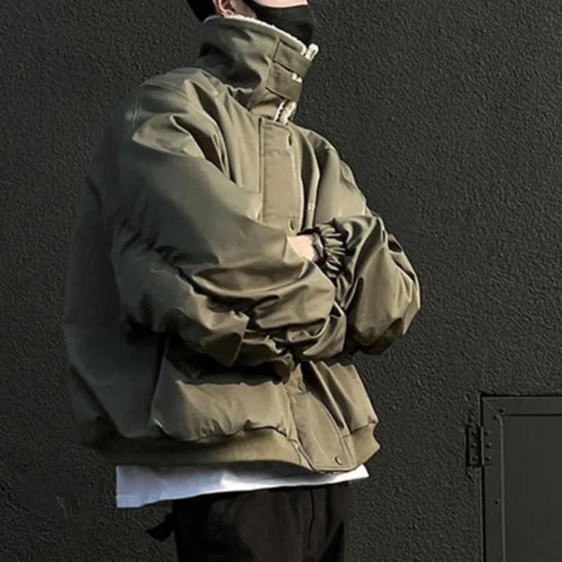 Men's American Style Cotton Padded Jacket with Lamb Wool - Thick Lapel Solid Color Button Coat for Winter 2024 | Warm Fashion Outerwear for Casual Wear, Office & Outdoor Activities
