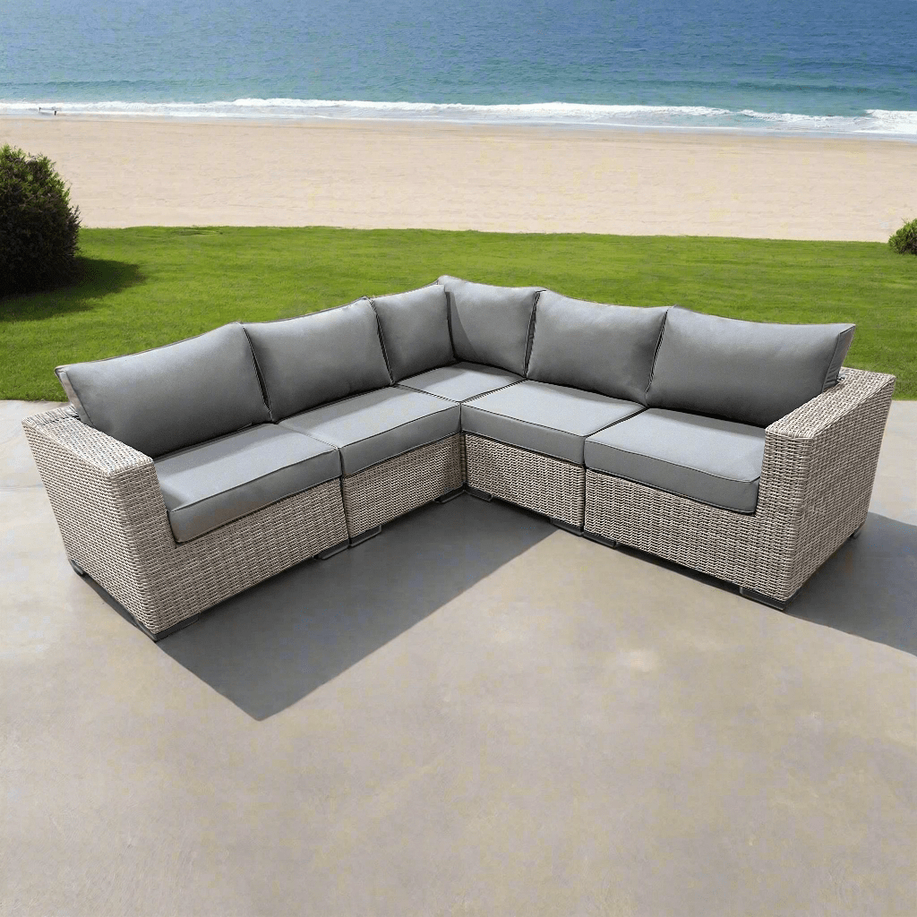 Riviera Outdoor Patio Wicker Corner Sectional Sofa Set - Grey Weather-Resistant Rattan Furniture with Sunbrella Charcoal Cushions | Perfect for Poolside, Garden & Backyard Relaxation