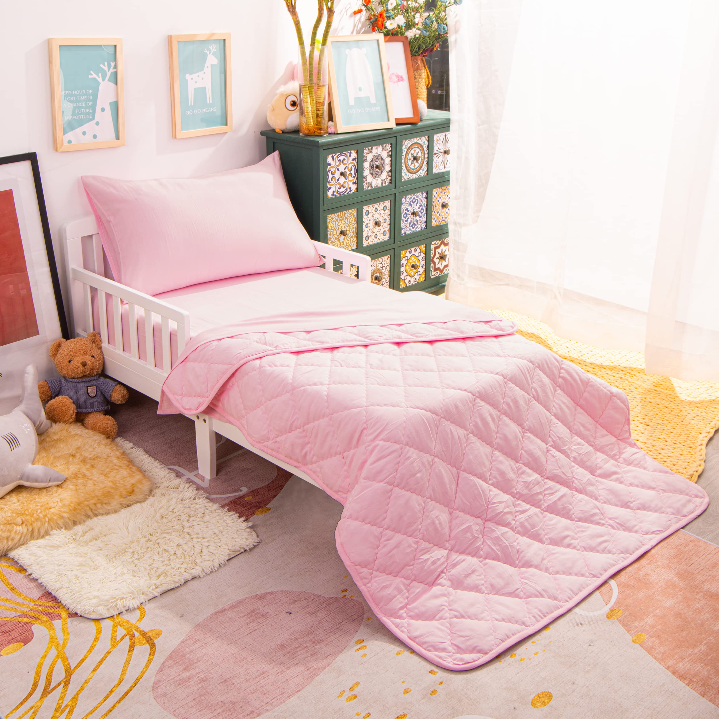 NTBAY 4-Piece Toddler Bedding Set - Soft & Breathable Crib Bedding for Boys & Girls, Includes Quilted Comforter, Fitted Sheet, Flat Sheet & Pillowcase - Pink - Perfect for Nursery, Daycare & Travel