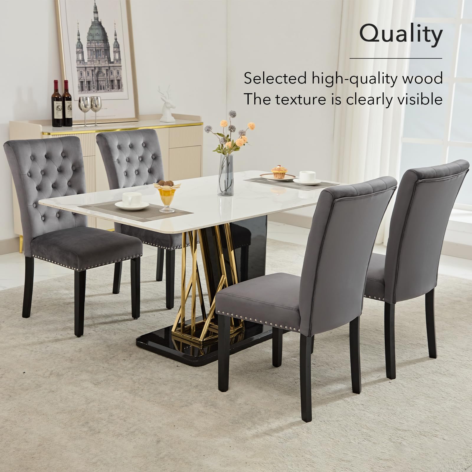 Velvet Upholstered Dining Chairs Set of 2 - Dark Grey Parsons Kitchen Chairs with Wood Legs & Nailhead Trim - Perfect for Dining Room, Kitchen, Breakfast Nook & Home Decor
