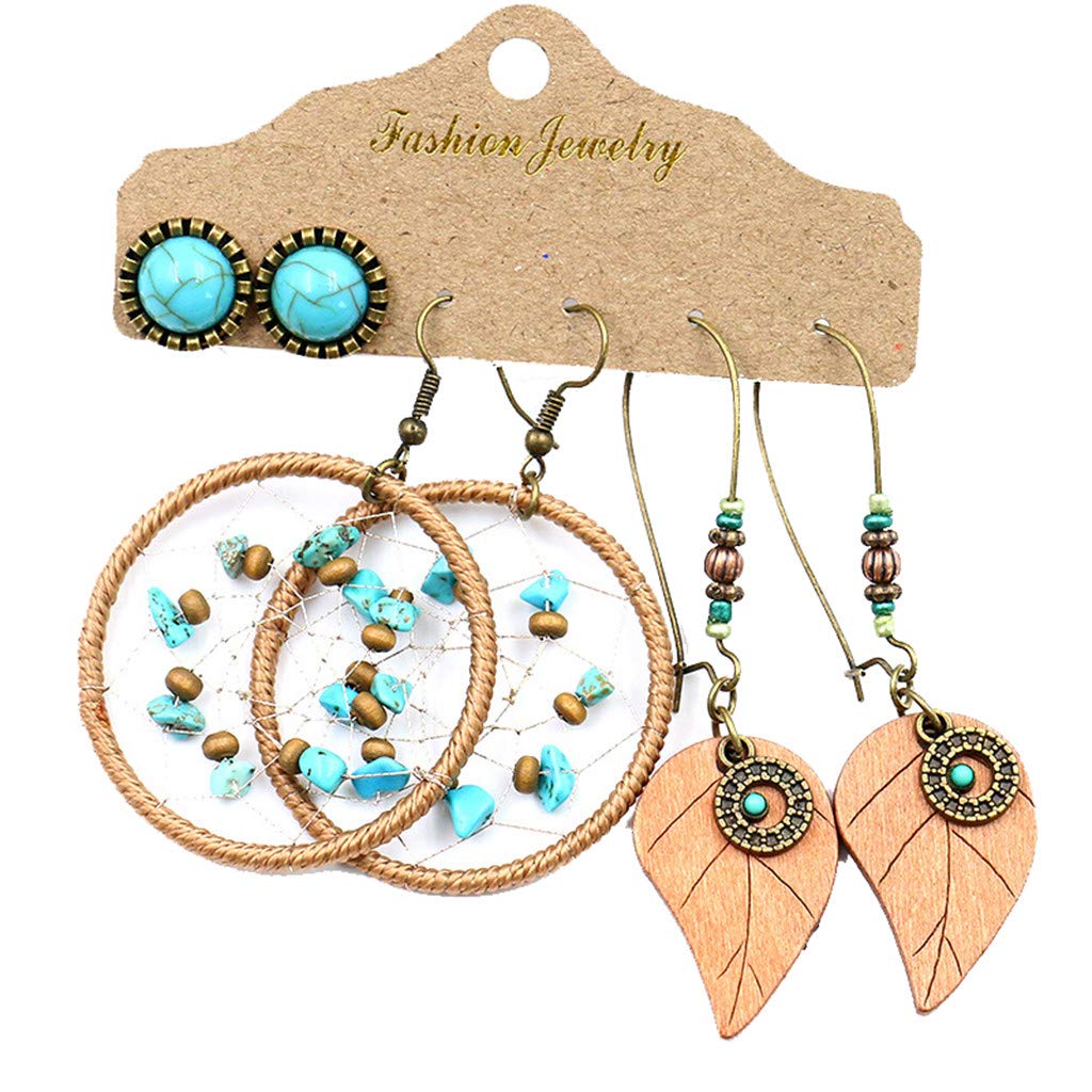 Stylish Hollow Net Wood Bead Woven Earrings Set - Bohemian Dream Ethnic Post Earrings for Women | Perfect for Festivals, Parties & Everyday Boho Fashion
