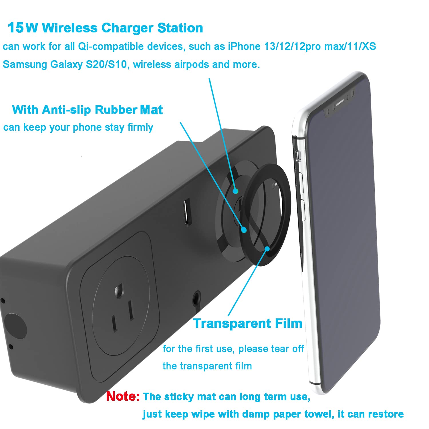 Desk Clamp Power Strip with USB C & Wireless Charger - 2 AC Outlets, 2 USB Ports, 15W Wireless Charging Station, 20W PD Fast Charging - Surge Protector for Home Office Desk (Fits 2.16