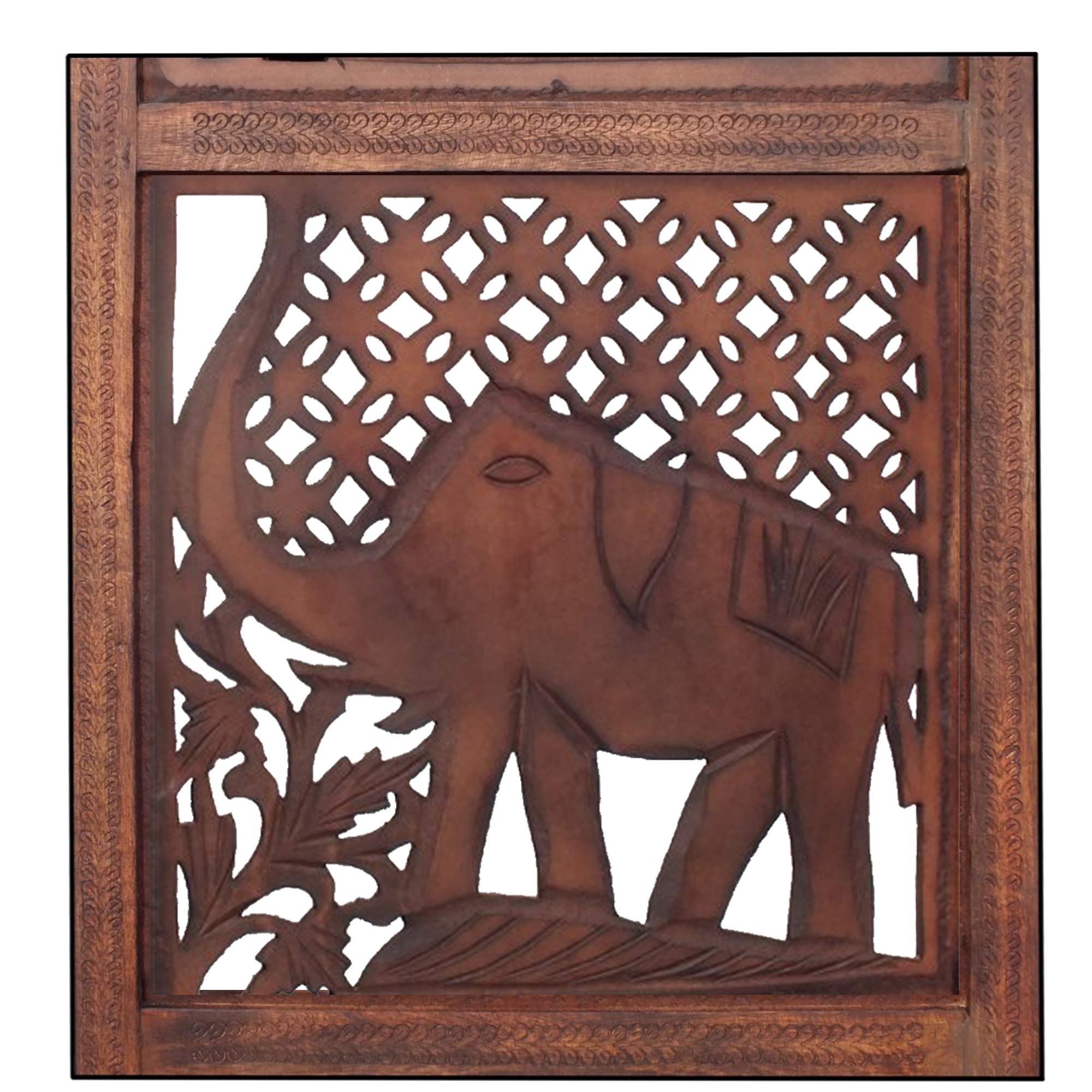 Hand Carved Elephant Design Foldable 4-Panel Wooden Room Divider - Brown Wood Partition Screen for Living Room, Bedroom & Office Decor | BM34823 by Benzara