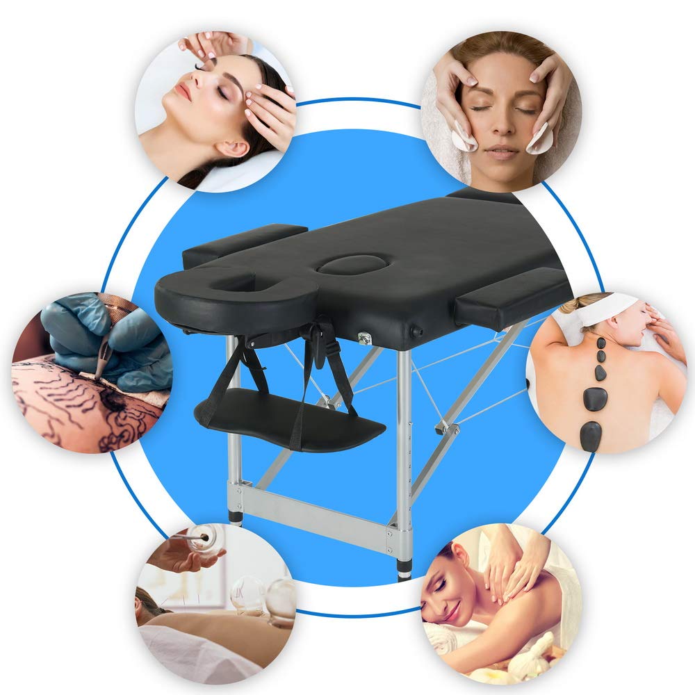 Portable Massage Bed - 84 Inch 3-Fold Adjustable Aluminum Salon Spa Table for Professional Massage & Facial Treatments | Perfect for Home, Salon & Mobile Spa Services (Black)
