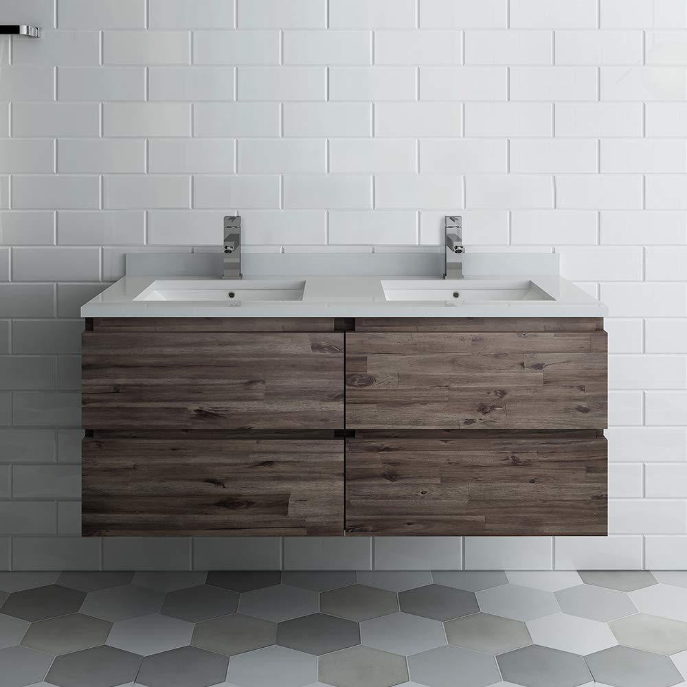 48 Inch Modern Wall Mount Floating Double Sink Bathroom Vanity with Quartz Countertop & Ceramic Sinks - White Contemporary Design for Small Bathrooms, Powder Rooms & Master Baths (Faucets Not Included)