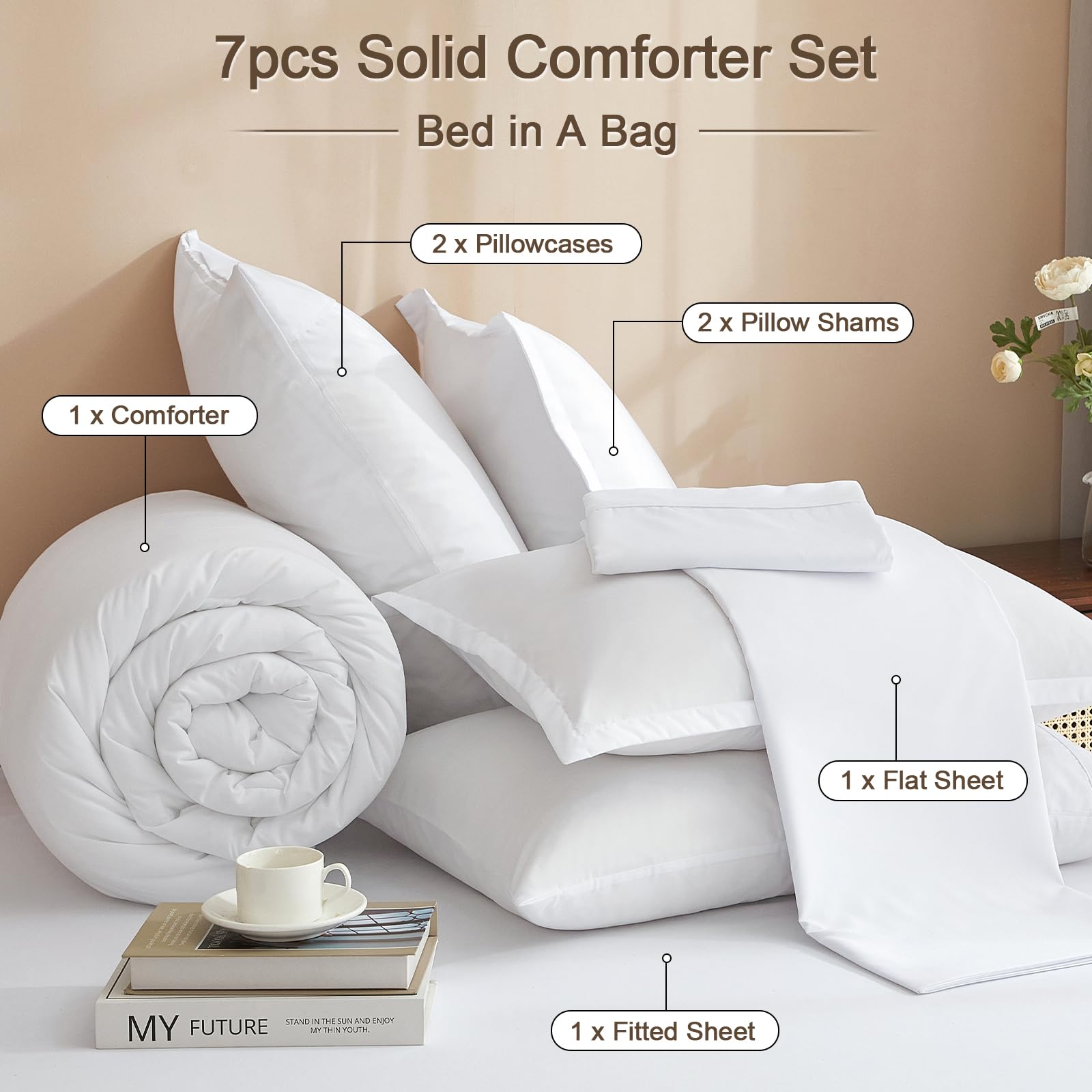 PHF Ultra Soft 7-Piece California King Comforter Set - All Season Lightweight Bedding with Comforter, Sheets, Pillowcases & Shams - Perfect for Master Bedroom, Guest Room & Luxury Hotels (White)