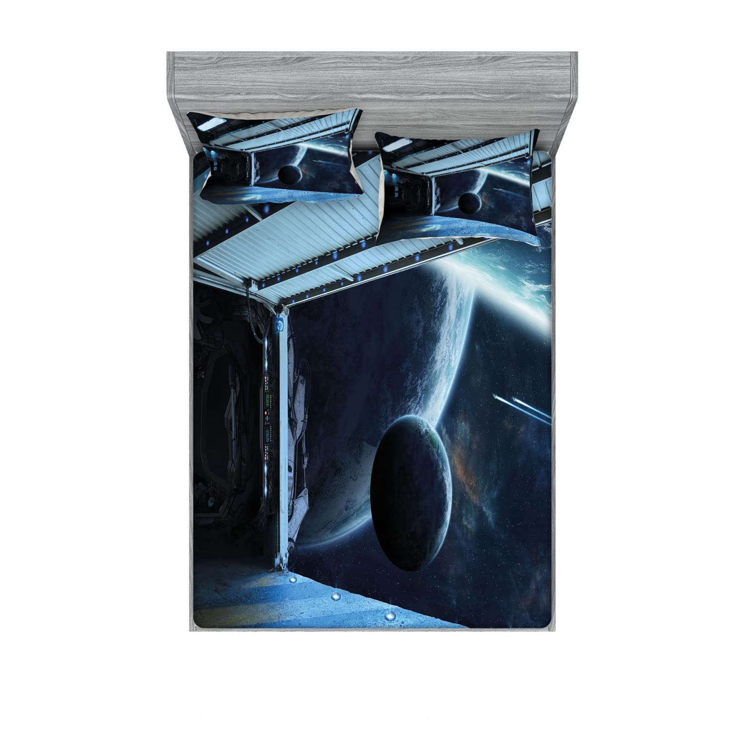 Ambesonne Space Themed 2-Piece Full Size Fitted Sheet Set with 4 Pillow Shams - Moon & Planet Design Navy Blue Bedding for Kids Room, Dorm Decor or Sci-Fi Themed Bedroom