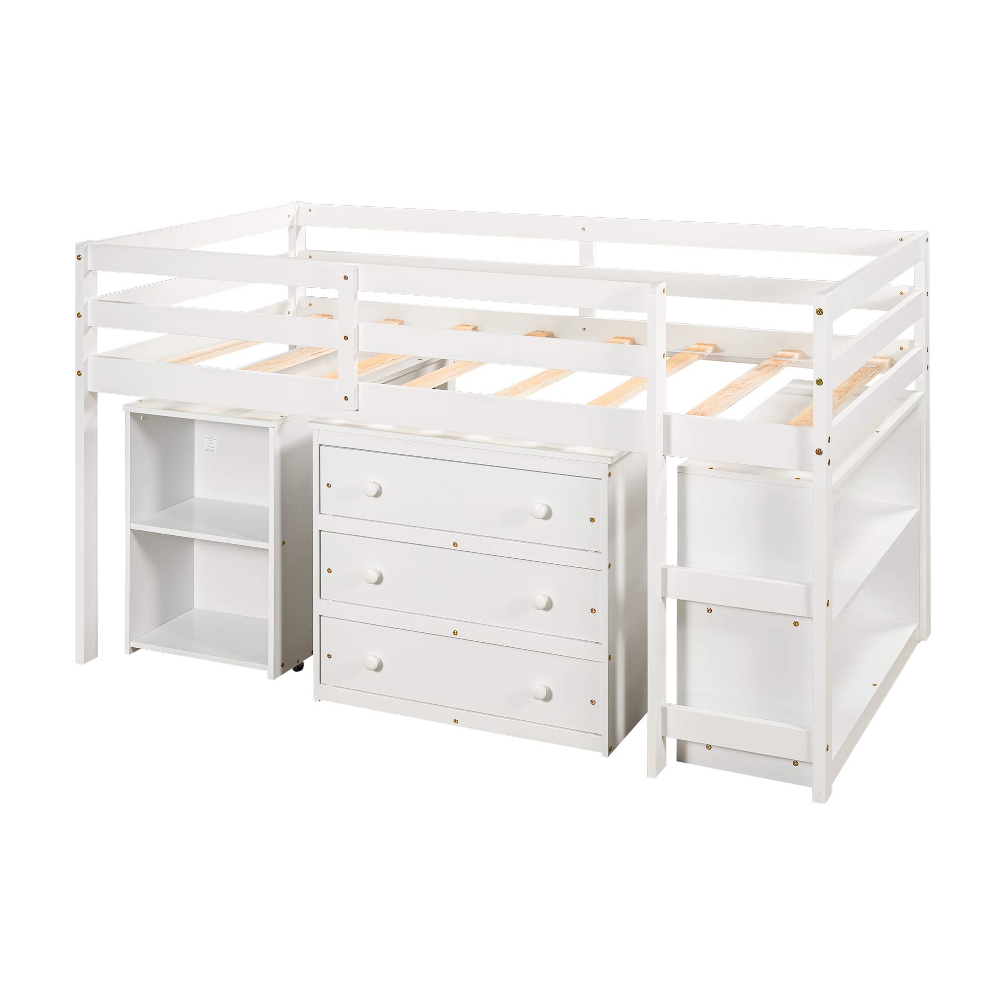 Twin Low Loft Bed with Study Desk for Kids - Rolling Portable Desk, Storage Shelf, Safety Guard Rail & Drawer Cabinet - Perfect for Small Bedrooms & College Dormitories (White) - Space-Saving Study & Sleep Solution for Teens & Students