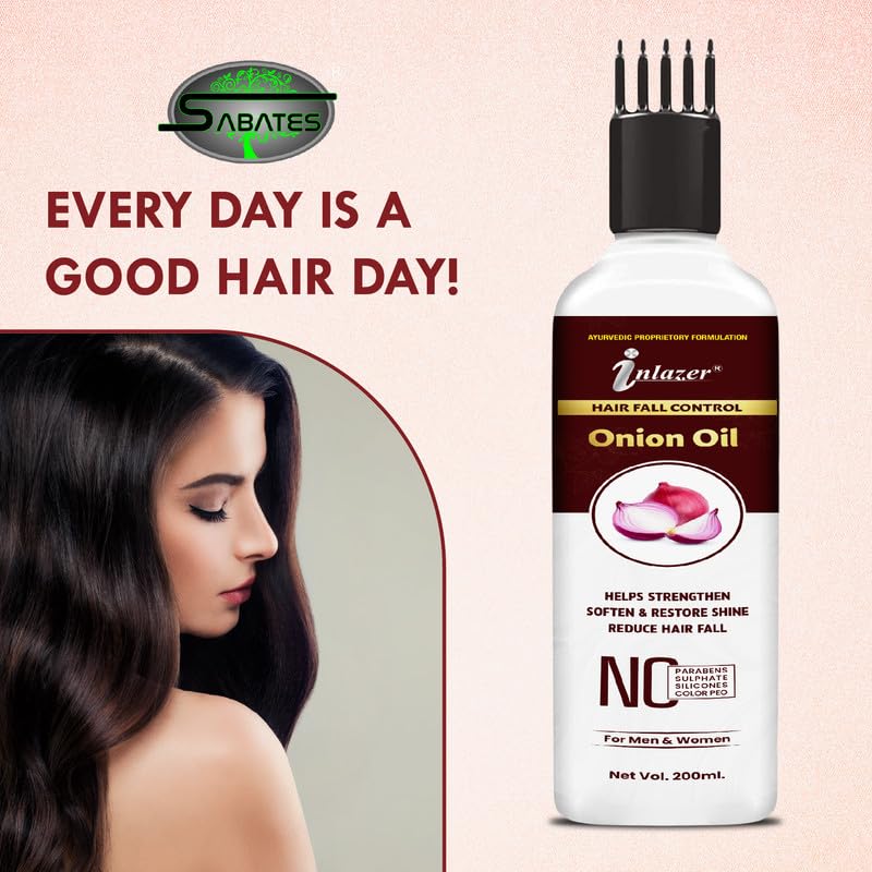 SABATES Onion Hair Fall Oil with Comb Applicator - Strengthens Hair, Reduces Hair Loss, Anti-Dandruff Treatment for Smooth & Silky Hair (Non-Sticky Formula) - Perfect for Daily Hair Care & Scalp Massage at Home