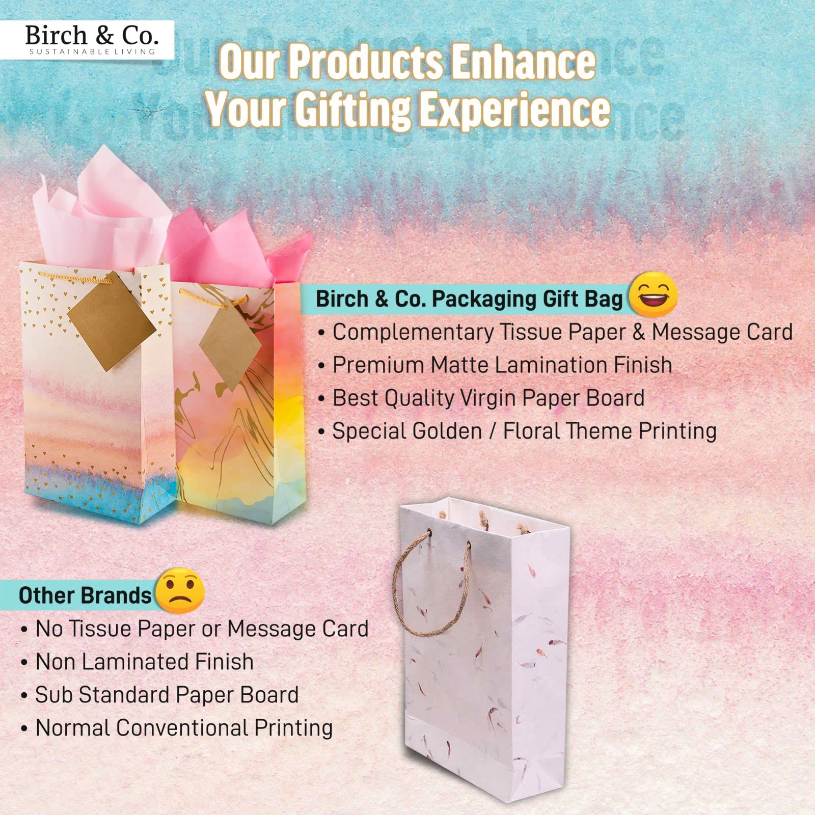 Birch & Co. Premium Multicolor Gift Paper Bags - Small Carry Bags with Tissue & Thank You Card - Pack of 5 - Perfect for Party Favors, Wedding Gifts & Retail Packaging