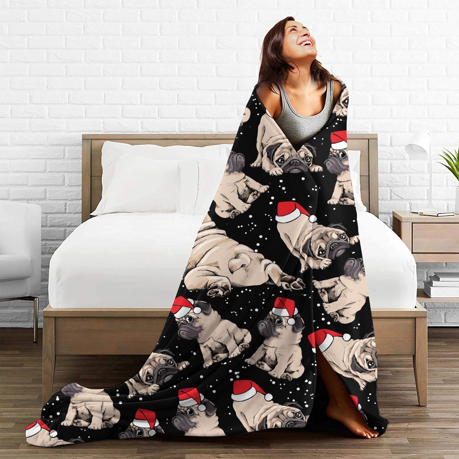 Christmas Pug Dog Fleece Throw Blanket - Soft, Lightweight & Warm Cozy Plush Blanket for Couch, Bed, Sofa (60