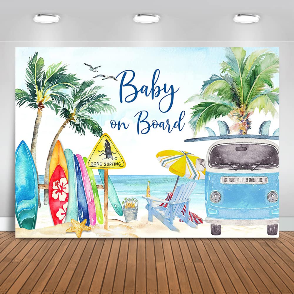 8x6ft Mocsicka Baby on Board Baby Shower Backdrop - Summer Beach Surfing Theme Party Decoration for Cake Table, Photo Booth Props | Perfect for Baby Showers, Gender Reveals & Birthday Celebrations