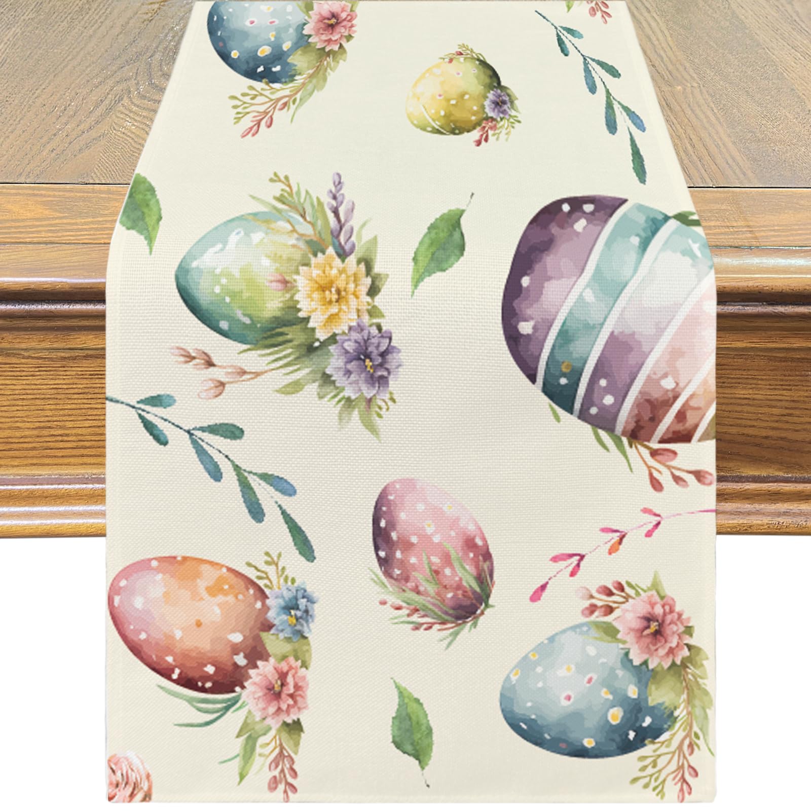 Easter Table Runner - 13x72 Inch Watercolor Easter Eggs & Floral Design - Spring Kitchen Dining Table Decor for Home, Party, Easter Brunch | PATIO CHOICE