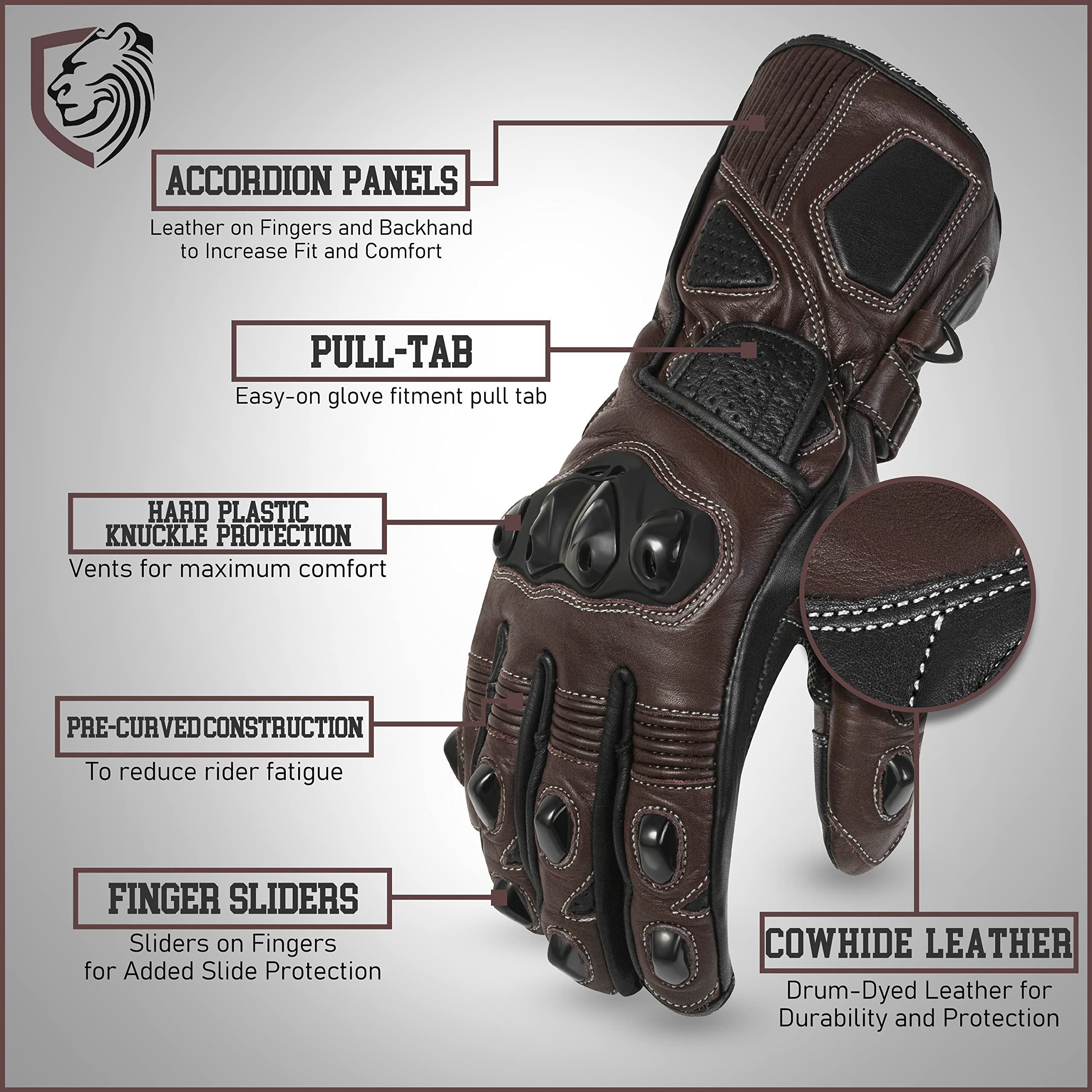 Genuine Leather Full Gauntlet Motorcycle Gloves - Street & Racing Gloves with Knuckle Protection & Touchscreen Compatibility - Perfect for Cruiser, Touring & Commuter Riding