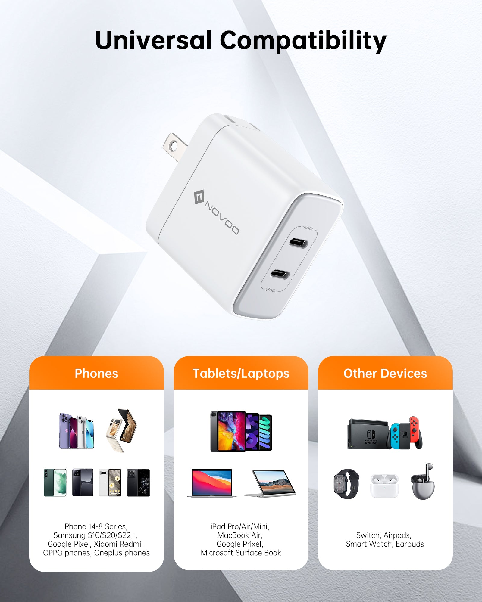 NOVOO RG35C 35W Dual USB-C GaN Fast Charger - Compact & Powerful for iPhone 15, MacBook, iPad, Samsung Galaxy | Perfect for Travel, Office & Home Use