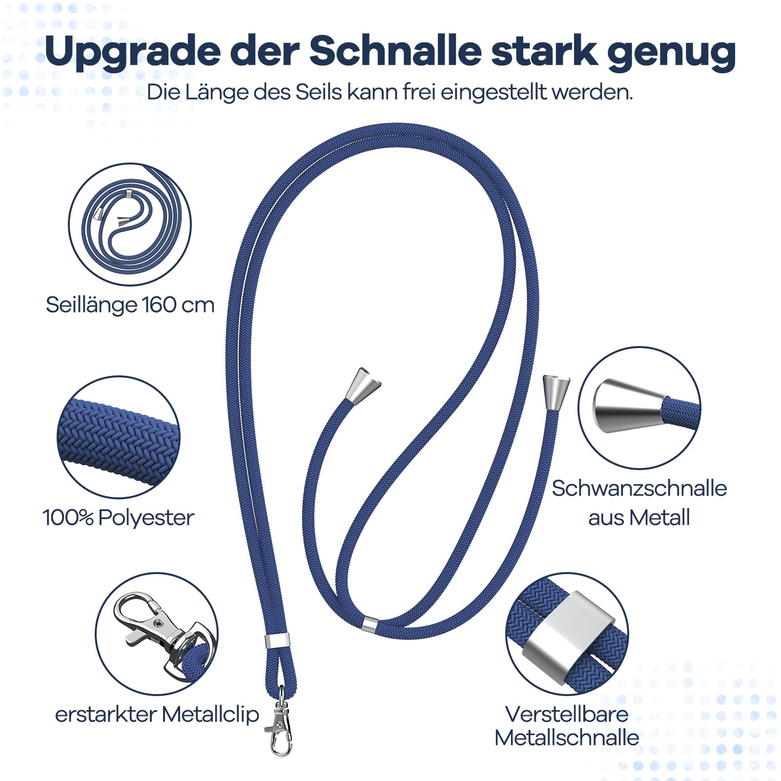 Caslord Adjustable Phone Lanyard with 2 Durable Black Patches - 1.6m Portable Neck Strap for All Smartphones & Most Cases (Blue) - Perfect for Travel, Work, and Outdoor Activities
