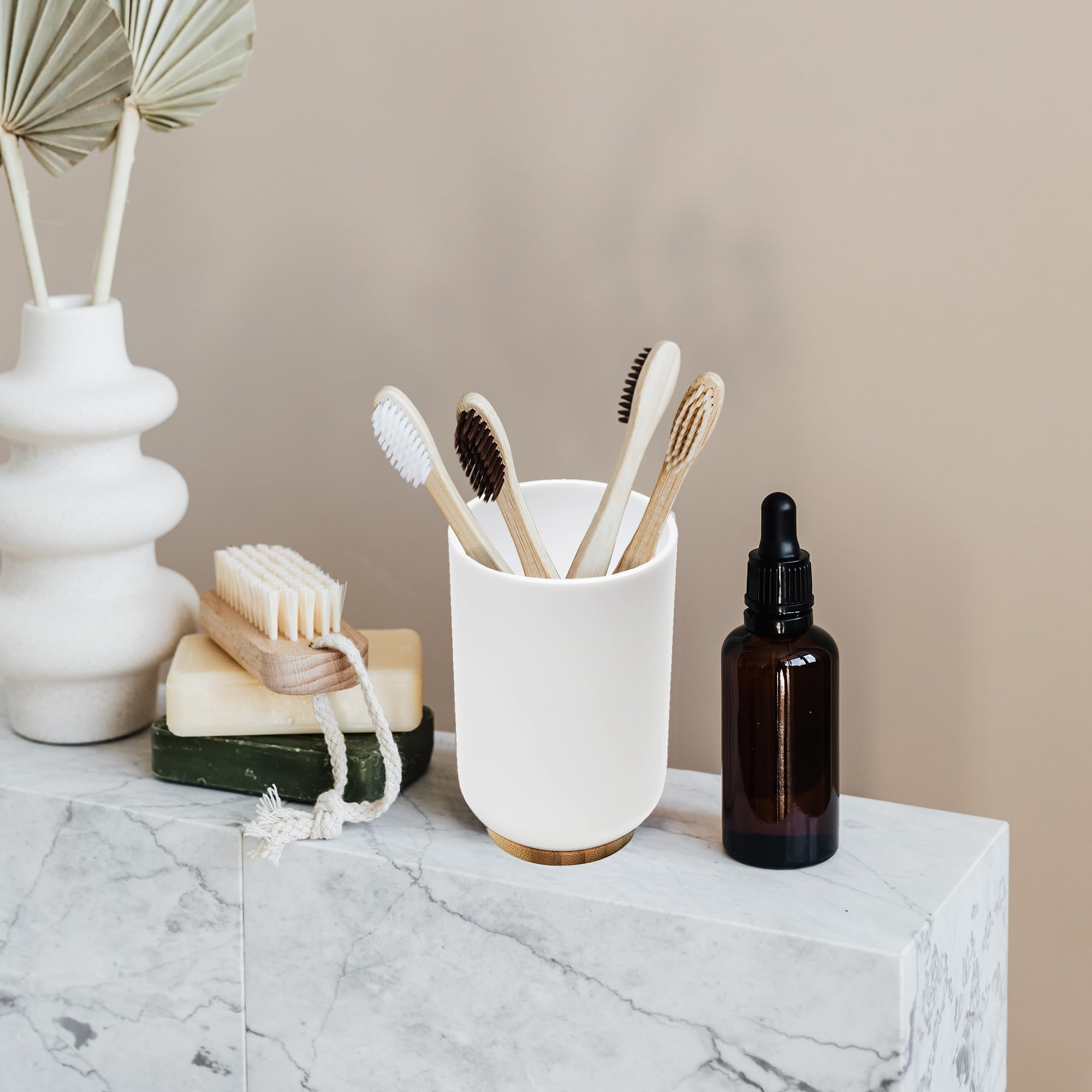 Bamboo White Padang Vanity Bathroom Tumbler Cup - 10 oz Toothbrush Holder & Organizer - Eco-Friendly Bathroom Storage for Countertop, Sink, or Vanity - Perfect for Toothbrushes, Makeup Brushes, and Cotton Swabs