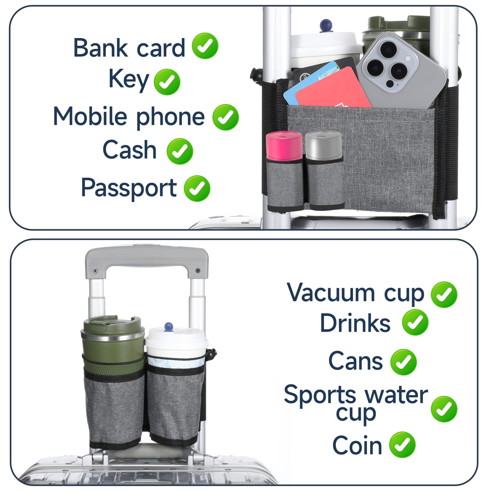 Thinp Luggage Cup Holder - Hands-Free Suitcase Drink Holder for Travel Accessories, Fits Two Coffee Cups - Perfect for Flight Attendants & Travel Essentials (Grey) | Ideal for Airports, Commuting, and Business Trips