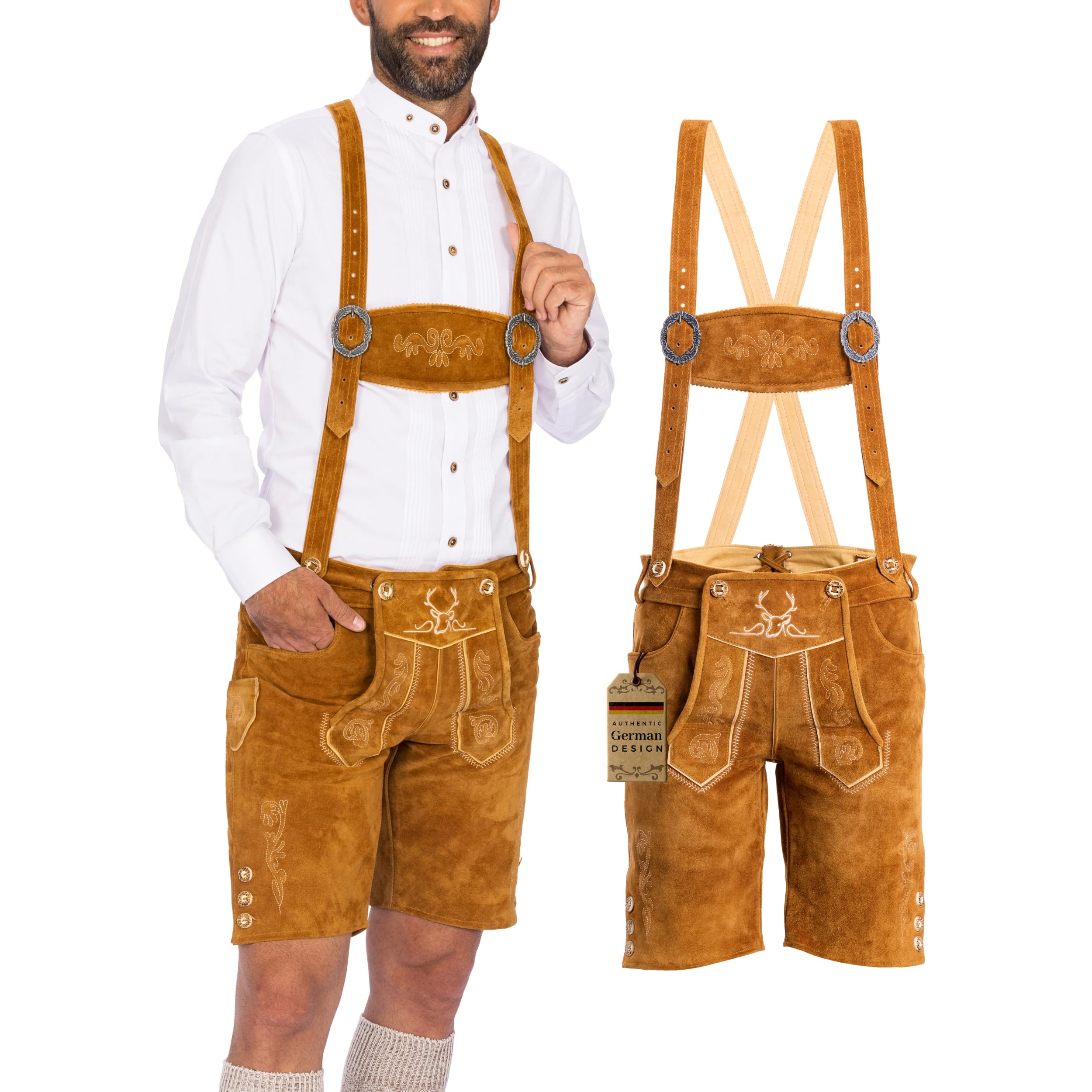 Authentic German Lederhosen for Men - Genuine Leather Bavarian Trachten Shorts, Light Brown Oktoberfest Costume | Perfect for Oktoberfest, Beer Festivals, Cultural Events & Bavarian Themed Parties
