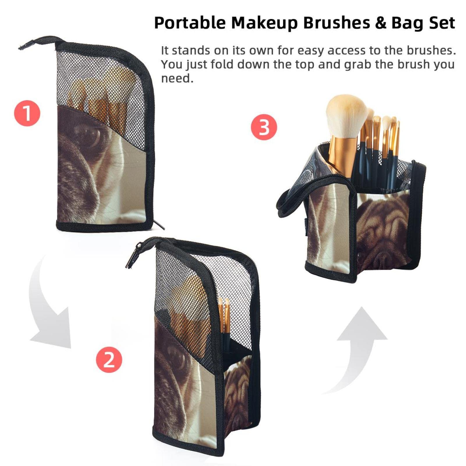 12-Piece Makeup Brush Organizer Bag with Cute Pug Dog Design - Portable Travel Cosmetic Brush Holder Case for Professional Makeup Artists & Beauty Enthusiasts - Perfect for Home, Travel & Salon Use