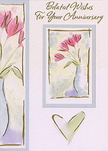 Elegant Pink & Gold Foil Floral Belated Anniversary Card with Blue Frame - Perfect for Wedding Anniversaries, Romantic Gifts & Special Occasions