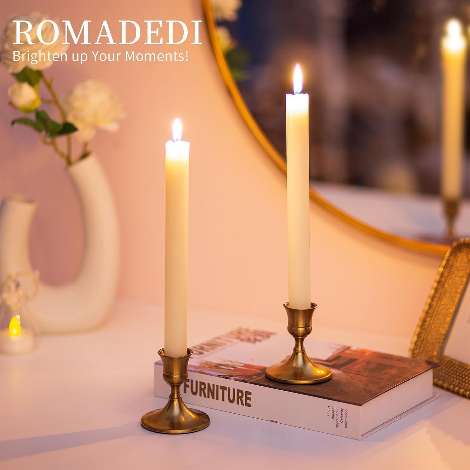 Romadedi 6-Piece Gold Brass Candlestick Holders for Taper Candles - Elegant Table Centerpiece for Weddings, Christmas Mantel Decor, and Home Decoration | Perfect for Dining Tables, Fireplace Displays & Holiday Celebrations