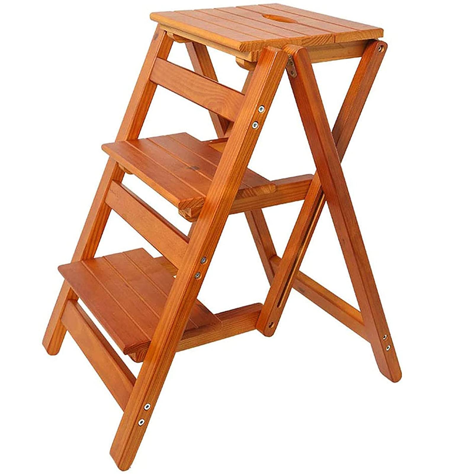 Solid Wood 3-Step Folding Ladder Chair - Multifunctional Indoor Step Stool & Climbing Ladder for Home, Kitchen, Bathroom & Storage - Durable Household Ladder with Dual Purpose Design (Brown)