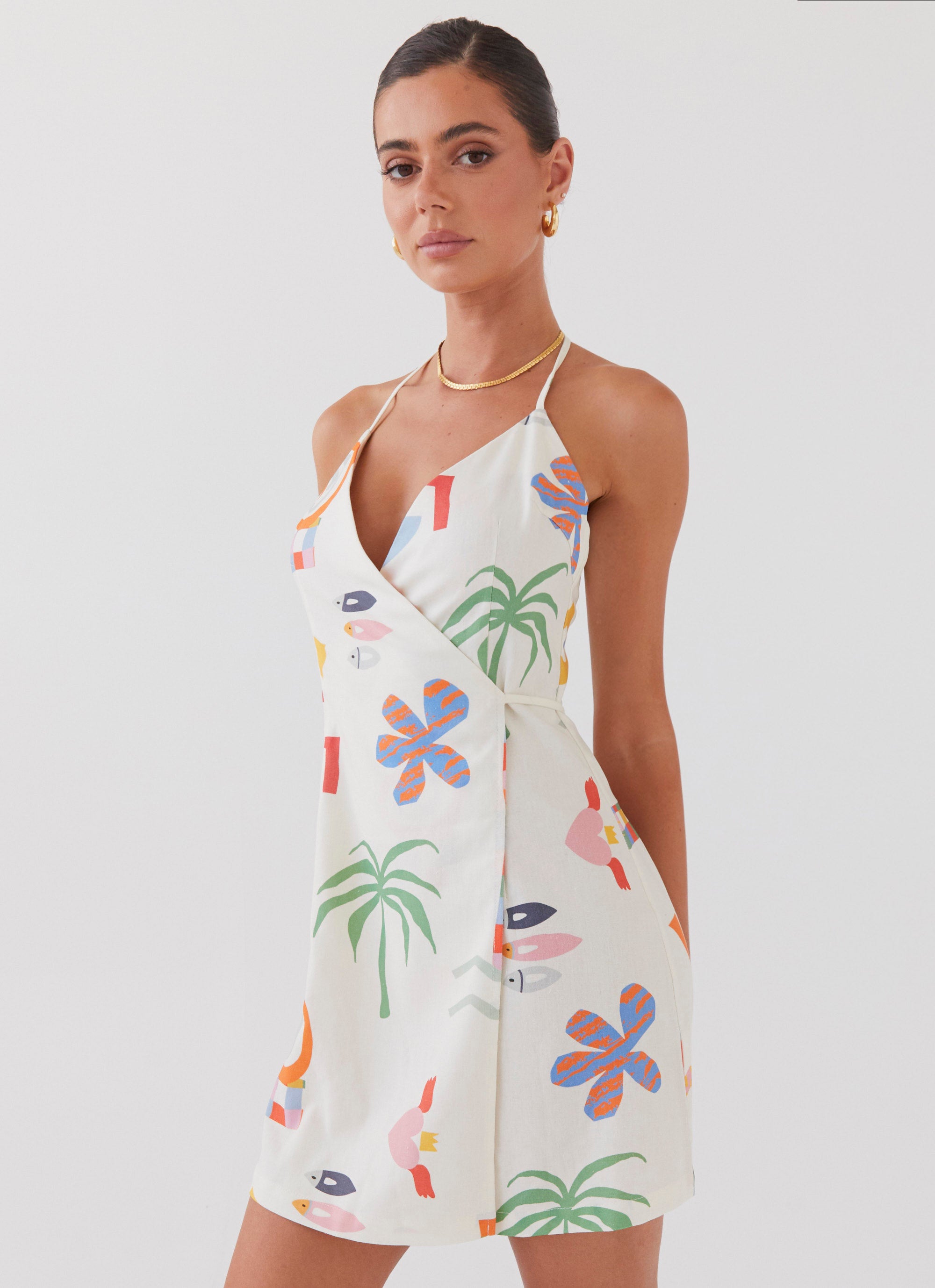 At Last Sunrise Wrap Linen Mini Dress - Summer Palm Print Flowy Beach Dress for Women | Perfect for Vacation, Pool Party & Tropical Getaways