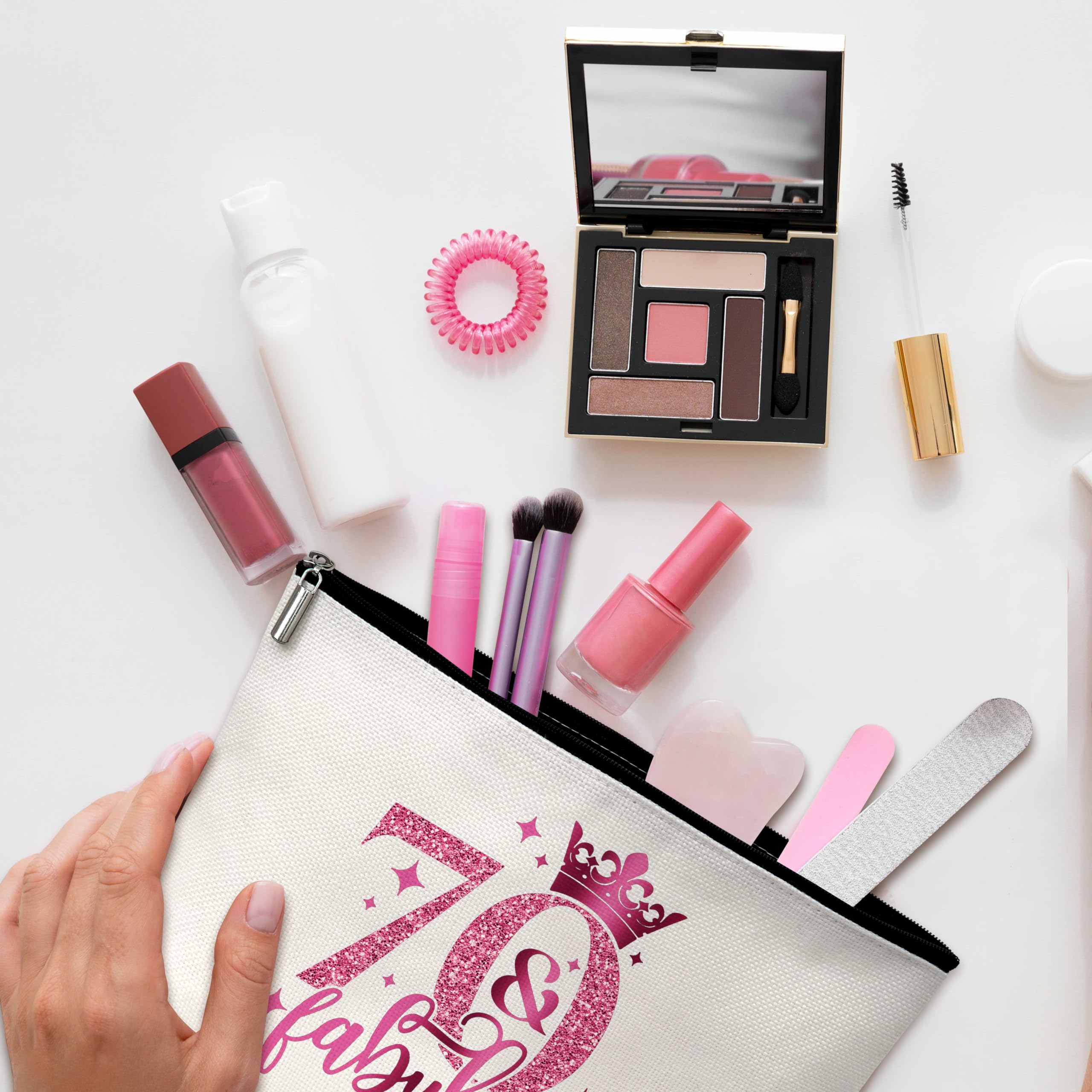 GREOXG 70th Birthday Gift for Women - Elegant Pink Makeup Bag for 70 Year Old Women, Perfect Birthday Present for Mom, Grandma, Sister & Friends | Great for Travel, Spa Days & Special Occasions