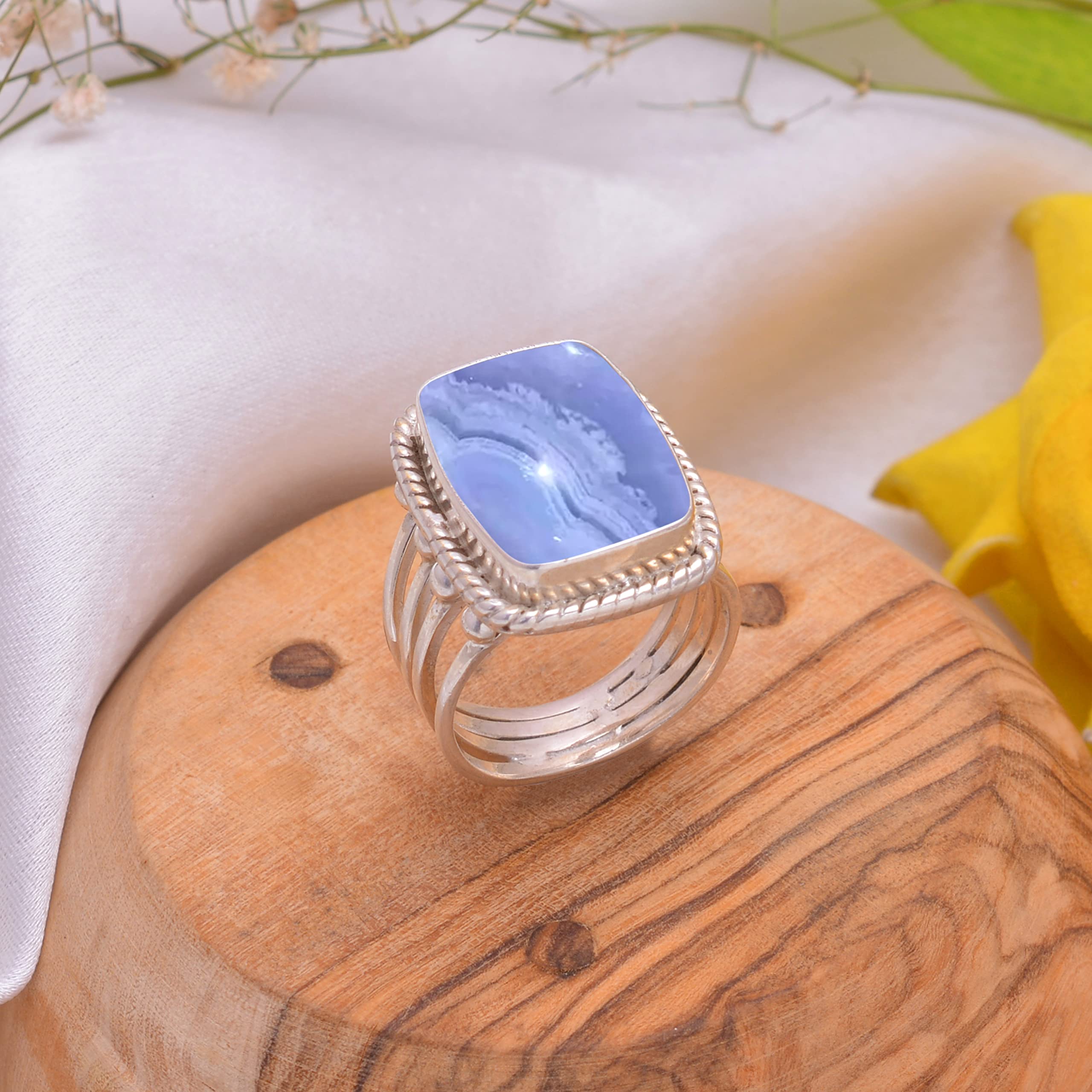 Veracity Jewelry Blue Lace Agate Ring for Women - 925 Sterling Silver Healing Meditation Ring with Natural Blue Lace Agate Gemstone - Elegant Designer Jewelry Gift for Mom, Wife, Birthday & Anniversary (VSR-815) | Perfect for Yoga, Spiritual Healing & Everyday Wear