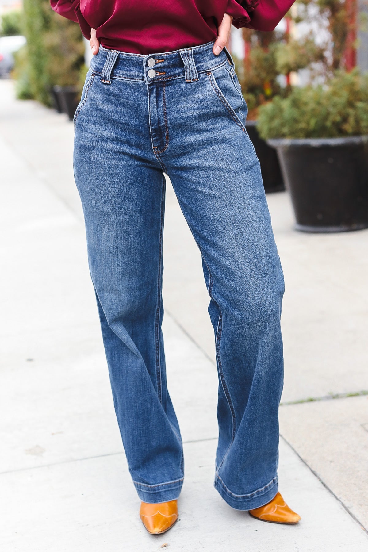 Judy Blue High Rise Double Button Crisscross Detail Wide Leg Jeans for Women - Comfortable Stretch Denim Pants for Casual Wear & Everyday Outfits