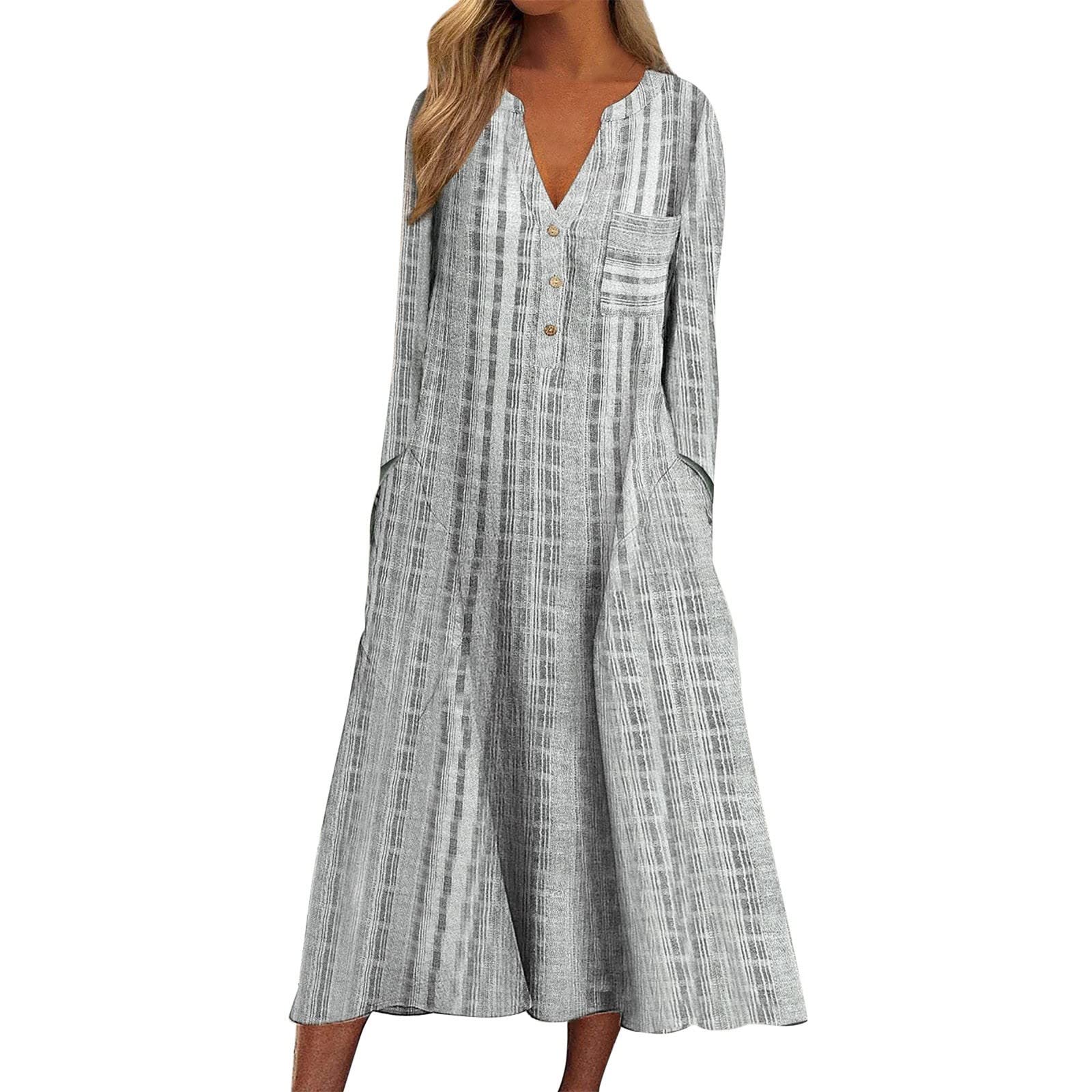 Women's Casual Summer Floral Stripe Button V-Neck Short Sleeve Midi Dress with Pockets - Perfect for Beach Vacation, Holiday Party & Everyday Wear