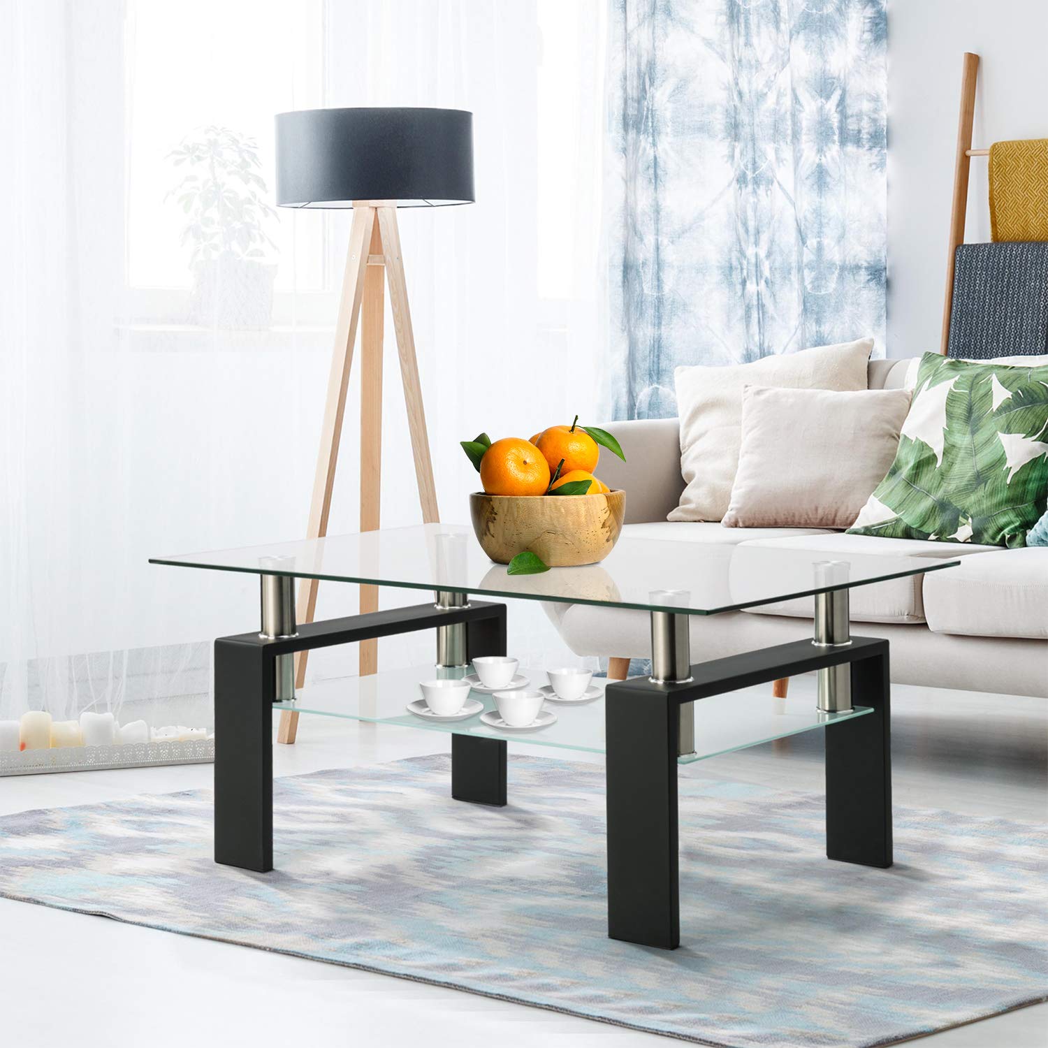 Premium Tempered Glass Coffee Table with Black Metal Legs - Modern Rectangle Center Table for Living Room with Lower Storage Shelf | Stylish & Durable Home Furniture for Small Spaces, Apartments, and Lounge Areas