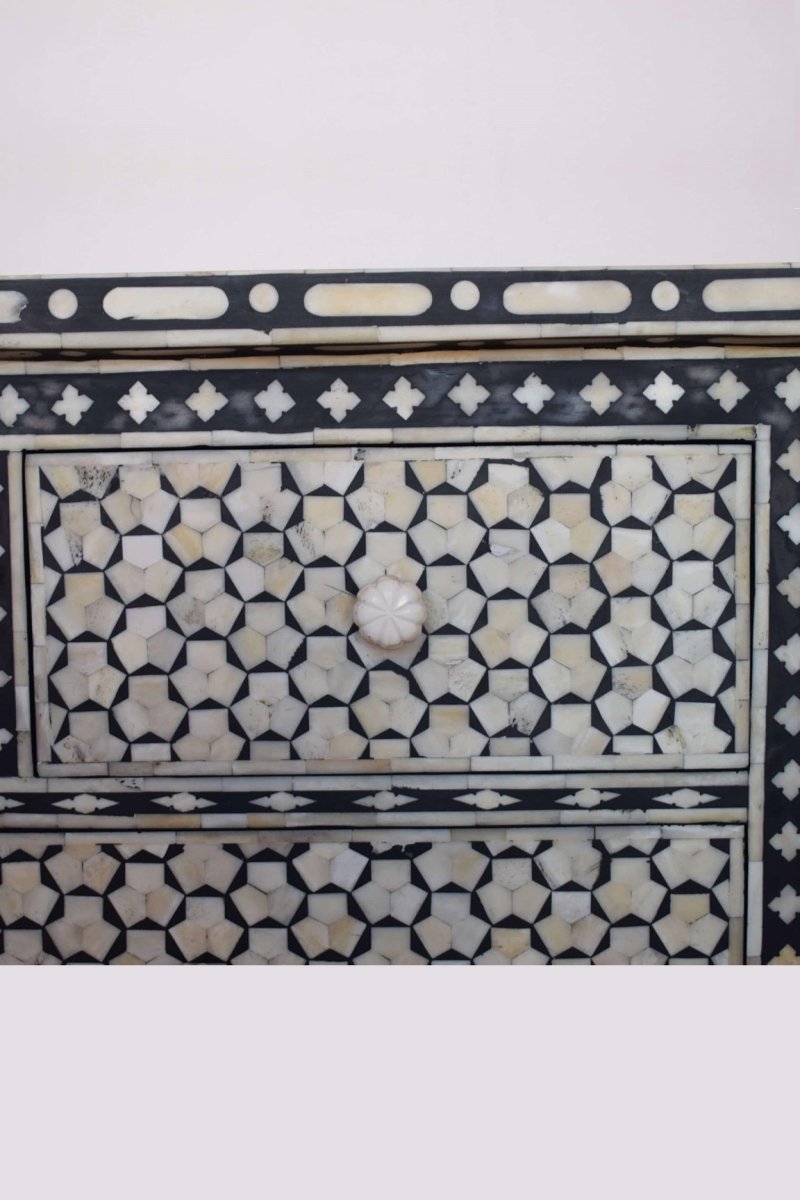 Handmade Bone Inlay Black Pentagon Dresser with 7 Drawers - Vintage Boho Bedroom Furniture for Storage & Organization