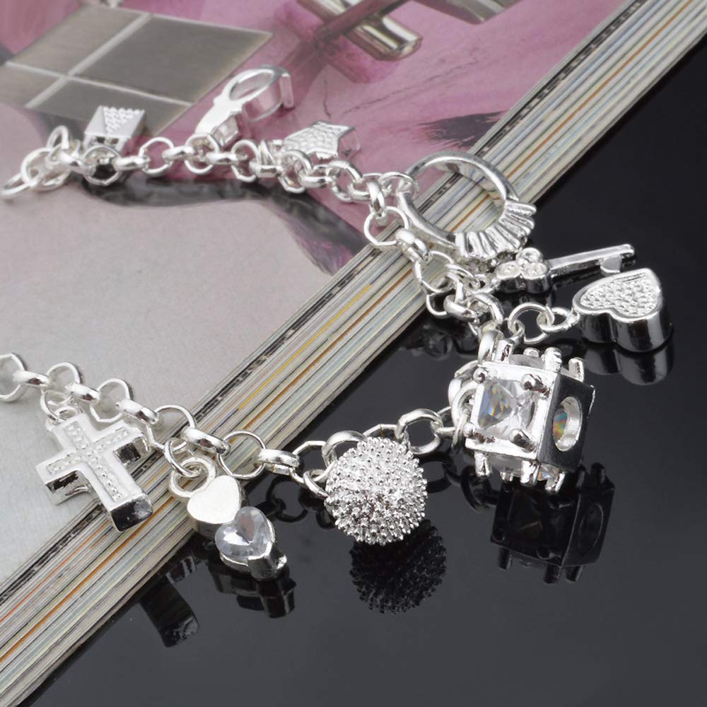 Aeora S925 Sterling Silver 13-Piece Charm Bracelet for Women - Elegant Gift for Her, Trendy Jewelry for Everyday Wear & Special Occasions